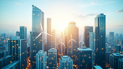  Top View of a Cityscape Blended with Wind and Solar Energy Icons: A Double Exposure Concept Showcasing Renewable Energy Solutions with Ample Copy Space for Text