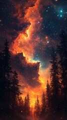 Wall Mural - Stunning cosmic landscape showcasing vibrant colors of nebula and distant stars amidst dark forest