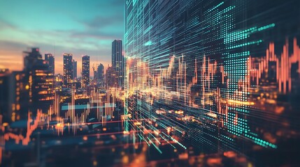 Poster - Cityscape overlaid with financial data