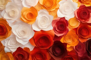Poster - A wall of paper roses in vibrant, rich hues of red, orange, and white, overlapping and interwoven to create a dynamic and lively background. The bright colors contrast beautifully with a soft