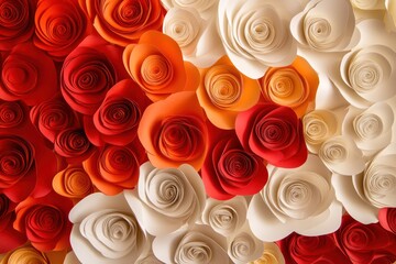 Poster - A wall of paper roses in vibrant, rich hues of red, orange, and white, overlapping and interwoven to create a dynamic and lively background. The bright colors contrast beautifully with a soft