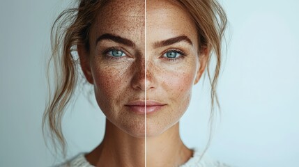 Poster - A woman stands before a light backdrop, showcasing a striking contrast between her freckled skin on one side and a smooth, glowing complexion on the other, emphasizing natural beauty