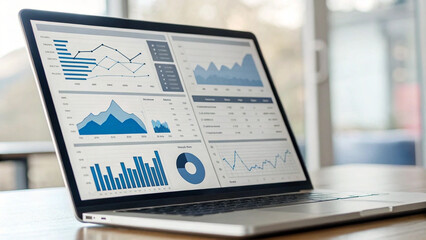 a laptop displaying various data visualizations and analytics graphs.