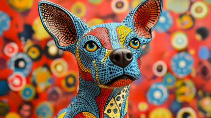 Aufkleber - A striking blue dog sculpture with intricate patterns stands out against a vivid, multicolored backdrop filled with abstract designs
