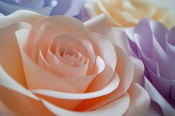 Poster - close-up view of a stunning backdrop made from multicolored paper roses. the delicate petals of the 