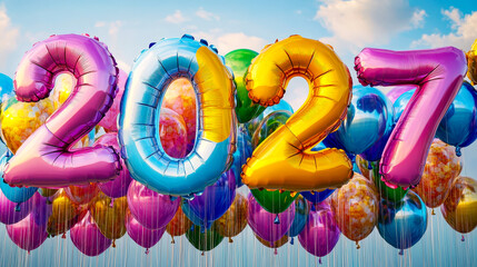 Poster - A collection of cheerful balloons forms the number 2027, set against a clear blue sky adorned with fluffy clouds, radiating a festive atmosphere