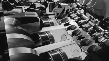 Poster - A close up of a baot engine with the pistons and cylinders visible. Concept of complexity and precision, as  various components of  engine work together to create power and motion