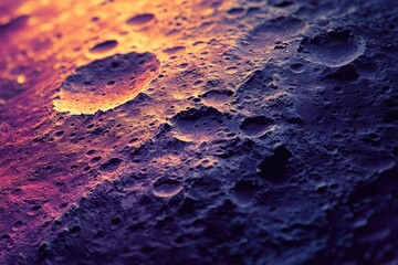 dramatic macro of a cratered surface with deep purples and warm orange hues, evoking celestial lands