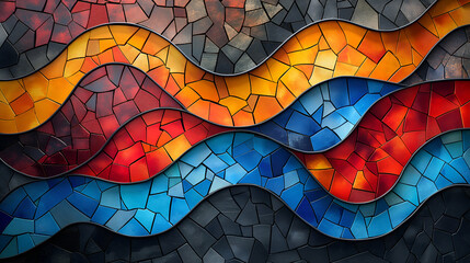 Wall Mural - Colorful Mosaic Waves Red Orange Blue Design, Abstract Texture for Digital Backgrounds