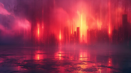 Wall Mural - Red Cityscape Futuristic Neon Skyline, Glowing Urban Landscape for Digital Art