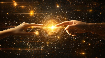 Poster - Two hands connecting, a golden light portal