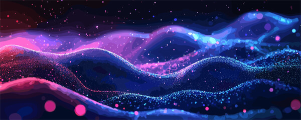 Poster - vibrant cosmic waves with sparkling particles in neon colors – vector art
