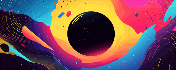 Poster - abstract cosmic design with colorful swirls and black hole in space, vibrant vector