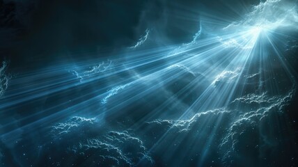 Poster - Captivating light beams emerge from a dark sky, creating a serene atmosphere filled with ethereal beauty. Perfect for backgrounds or artistic projects.