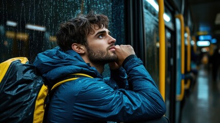 Poster - A man in a blue jacket and yellow backpack is sitting on a train