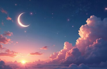 Wall Mural - Night sky with crescent moon, stars, clouds. Sunset twilight view, galaxy, orange colors. Islamic religious symbol, Ramadan, muslim theme. Blue dreamy night sky. Celestial space background.