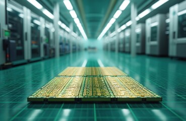 Poster - illustration of modern semiconductor manufacturing fab. wafer, microchip production process. factory