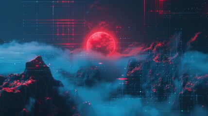 Poster - Stunning minimalistic sci-fi background featuring a striking red moon over misty mountains. Perfect for creative projects needing a futuristic aesthetic.