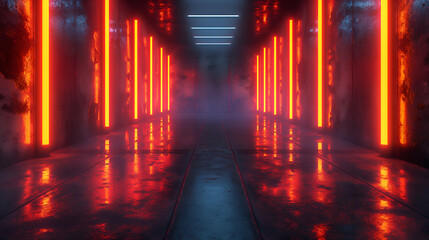 Wall Mural - Red Neon Corridor Industrial Cyberpunk Style, Glowing Lights on Wet Floor for Futuristic Themes