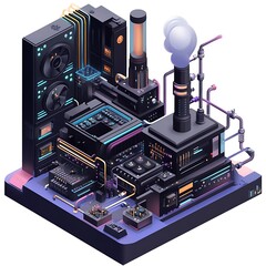 Poster - Futuristic, complex machine, intricate network of interconnected components, various technological elements,  isometric view