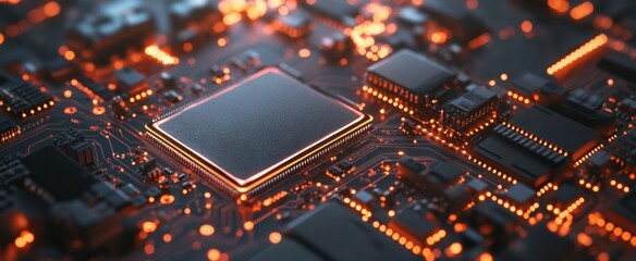 Poster - A detailed close-up of a microchip on a circuit board, showcasing glowing connections and intricate circuitry. This image represents modern technology and innovation.