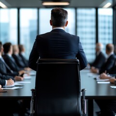 Aufkleber - A man in a suit sits in a black chair at a conference table