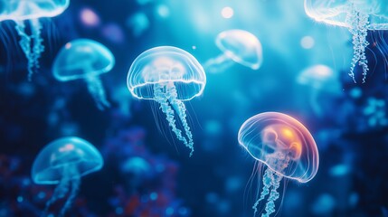 Poster - A surreal underwater kingdom with floating jellyfish illuminating the deep