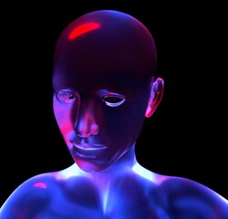 Aufkleber - 3D digital human face with a glossy, reflective surface, highlighted by neon blue and red lights against a dark background, creating a futuristic and mysterious atmosphere.