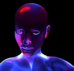Aufkleber - 3D digital human face with a glossy, reflective surface, highlighted by neon blue and red lights against a dark background, creating a futuristic and mysterious atmosphere.