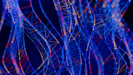 Poster - abstract, interconnected network structure on dark blue, resembling a neural plexus with blue, red, 