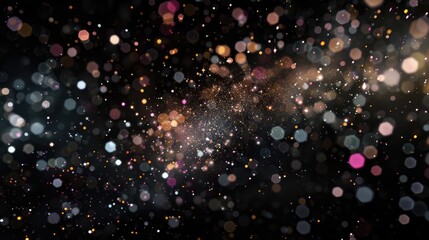 Poster - Vibrant floating particles create an ethereal effect against a black background. Perfect for use in abstract designs, graphics, and thematic projects.