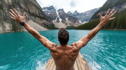 Poster - A man in a swimsuit is jumping into a lake