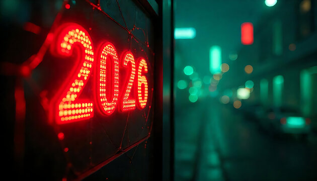 Happy new year 2026 vector illustration, Glowing red digital 2026 on a futuristic abstract background with golden fractal patterns, displayed on a holographic projector, created with generative ai