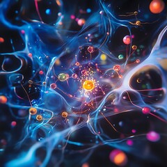 Fototapete - Abstract digital art of interconnected spheres and swirling energy.  Dynamic interplay of colors and forms