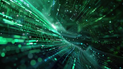 Poster - An artistic visualization showcasing digital technology in vibrant green tones. This image captures the dynamic flow of data, creating an immersive feeling of speed and innovation.