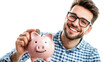 © Reyfico - Smiling man deposits coin into pink piggy bank on bright background conveying financial security savings