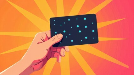 Poster - A hand holds a dark card adorned with blue dots set against a vivid sunburst background featuring orange and yellow hues adding a sense of excitement and energy.
