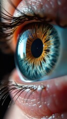 Poster - Close view of a human eye displaying intricate patterns and striking colors. The iris showcases shades of blue and orange revealing fine details and textures.