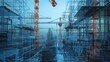 © Molly P - Constructive site of building with crane, technology to build urban structure or building such as condominium or tower. High tech machine for construct infrastructure or construction in city. AIG53.