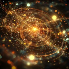 Fototapete - Abstract cosmic energy vortex.  A swirling, golden, intricate design of radiating light and particles, conveying a sense of dynamism and cosmic energy.  