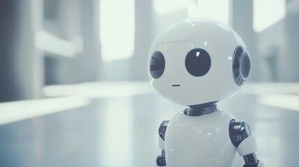 Poster - A charming white robot with large expressive eyes stands in a bright modern space. Its friendly appearance evokes a sense of companionship and innovation.
