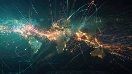 Poster - This abstract visualization illustrates a critical network system. With vibrant lines and lights over a world map, it represents global connectivity and data flow in a digital era.
