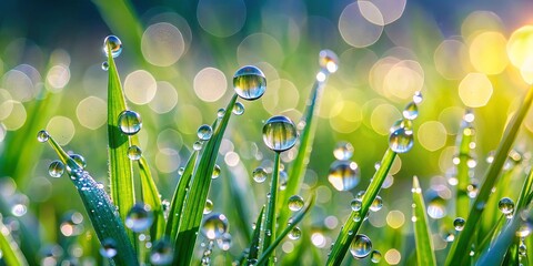 Poster - Morning light captures glistening droplets of dew resting on green grass blades, creating a serene atmosphere in a peaceful garden. Nature awakens with fresh beauty