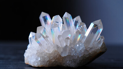 Poster - A stunning cluster of clear quartz crystals showcases vibrant reflections and iridescence. The natural formation sits on a smooth surface, casting delicate shadows