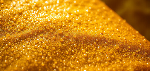 Poster - A textured surface glistens under sunlight, adorned with tiny droplets that reflect light in a rich golden hue. The scene captures a moment of natural beauty and clarity