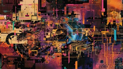 Poster - This vibrant abstract artwork features intense colors and intricate patterns, blending technology with creativity in a dynamic visual composition.