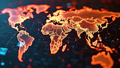 Poster - holographic display global map with real-time news data. glowing digital elements, trends across var