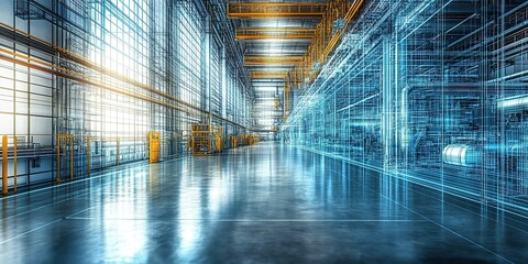 Poster - Industrial warehouse interior showcasing futuristic architecture and design elements with transparent structural features