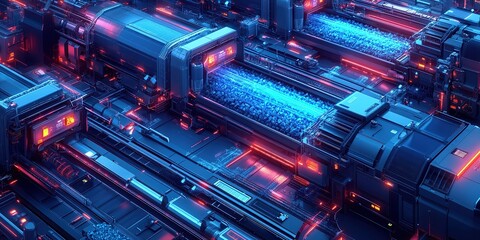 Poster - Futuristic machinery featuring vibrant blue and red lights in a high-tech environment