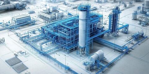 Poster - Industrial facility design with extensive pipework and infrastructure in a detailed blueprint layout
